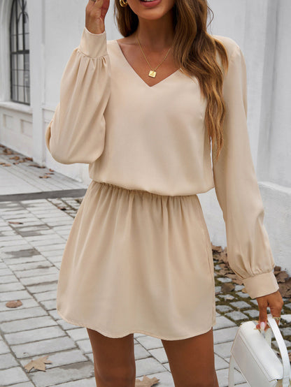 Mini Dresses - Minimalist V-Neck Bishop Sleeve Dress