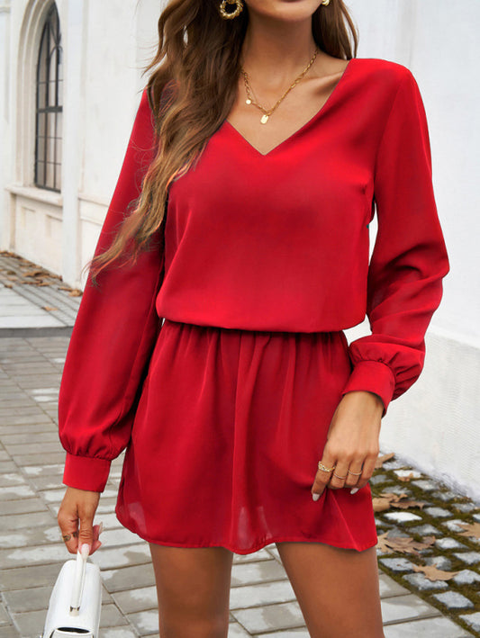 Mini Dresses - Minimalist V-Neck Bishop Sleeve Dress