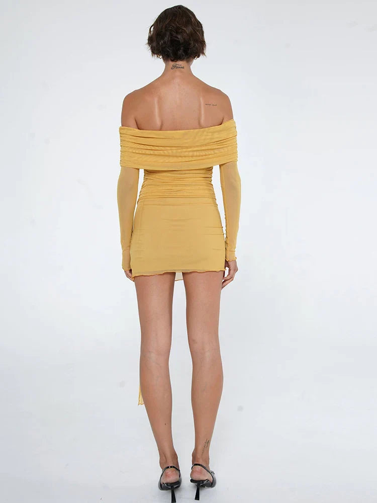 Mini Dresses- Night Out Off-Shoulder Ruched Mini Dress in Bold Yellow- - Pekosa Women Fashion