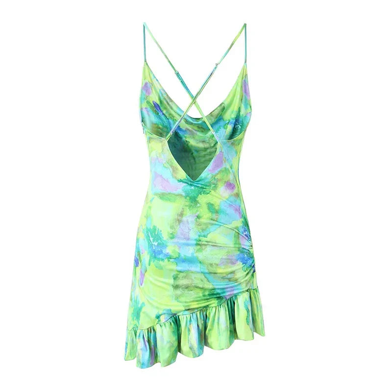 Abstract Green Print Mini Dress with Cowl Neck - Perfect for Parties