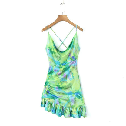 Abstract Green Print Mini Dress with Cowl Neck - Perfect for Parties