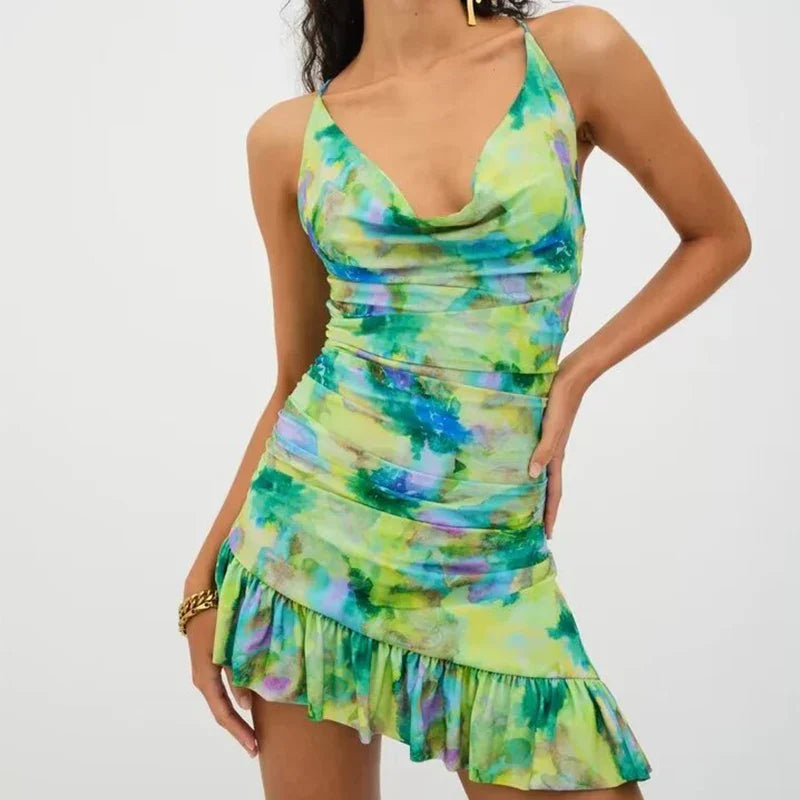 Abstract Green Print Mini Dress with Cowl Neck - Perfect for Parties