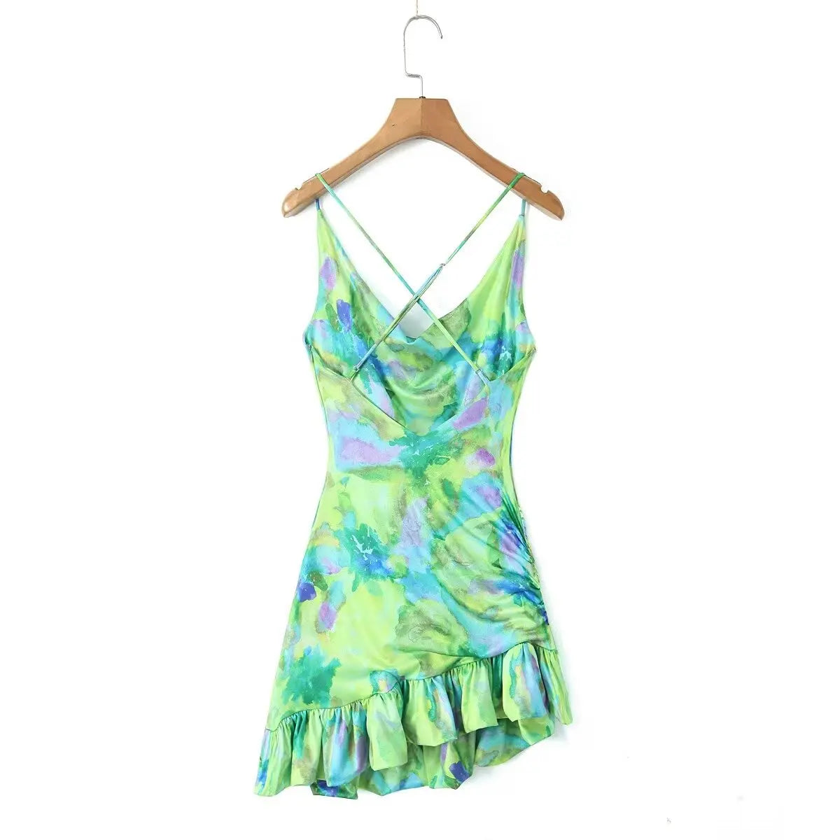 Abstract Green Print Mini Dress with Cowl Neck - Perfect for Parties