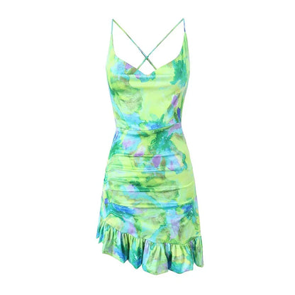 Abstract Green Print Mini Dress with Cowl Neck - Perfect for Parties