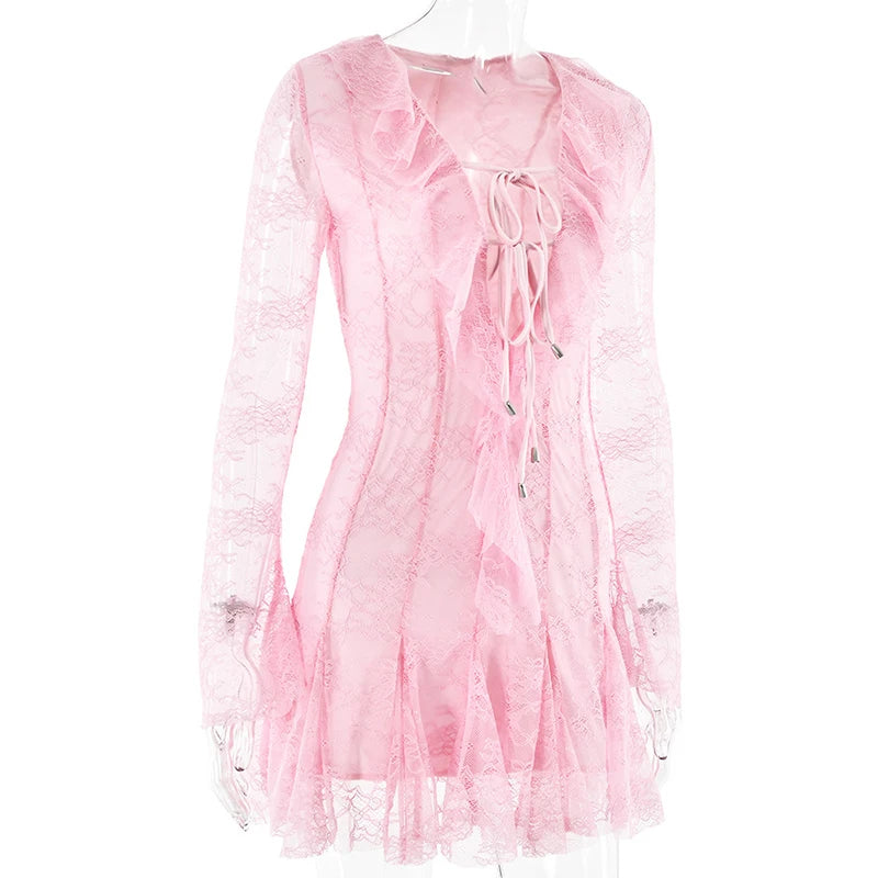 Mini Dresses - Pink Petal Lace Skater Dress