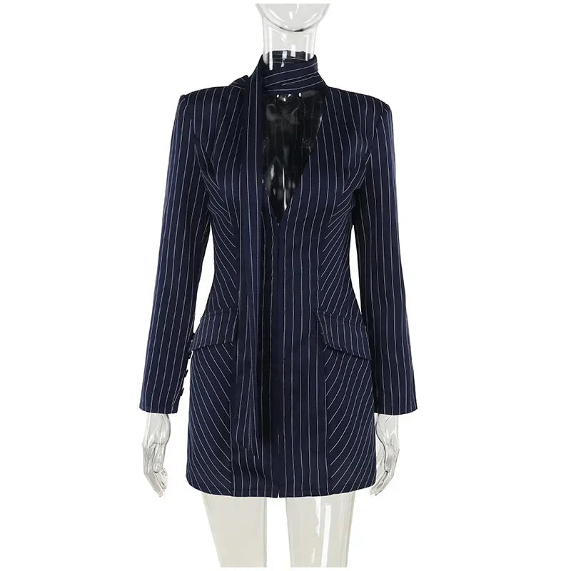 Mini Dresses - Pinstriped Plunging Blazer-Inspired Mini Dress for Parties 🎉👗