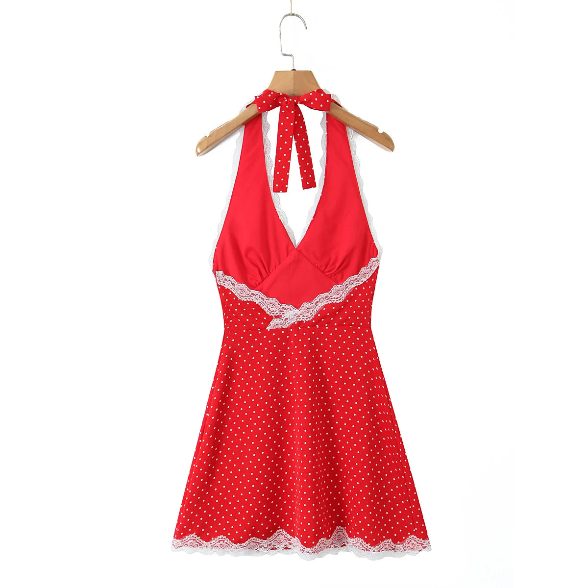 Mini Dresses - Polka Dot Backless Halter Dress with Lace Trim