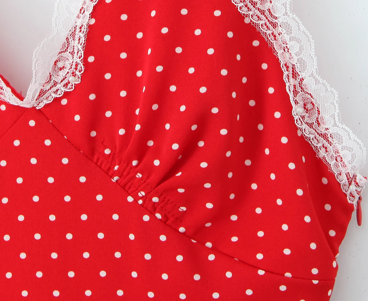 Mini Dresses - Polka Dot Backless Halter Dress with Lace Trim