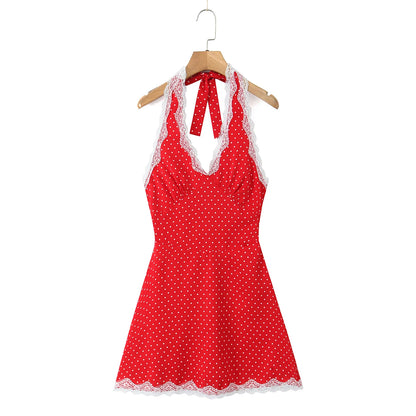 Mini Dresses - Polka Dot Backless Halter Dress with Lace Trim