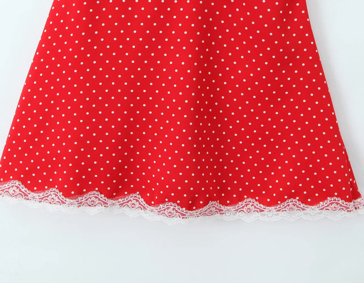 Mini Dresses - Polka Dot Backless Halter Dress with Lace Trim