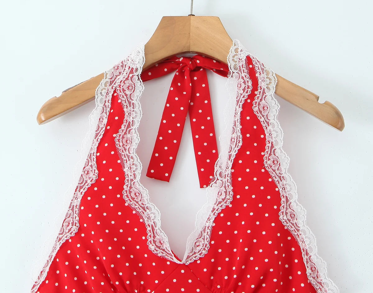 Mini Dresses - Polka Dot Backless Halter Dress with Lace Trim