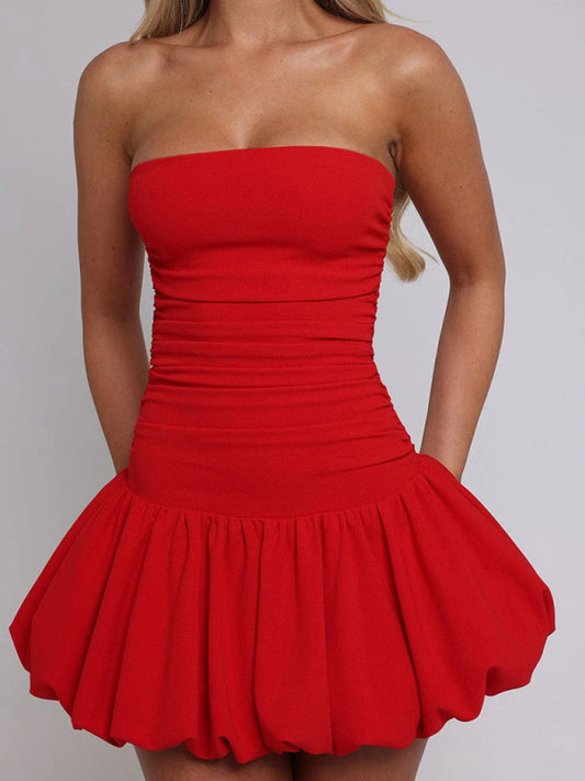 Mini Dresses - Red Fit & Flare Strapless Dress for Summer Festivals