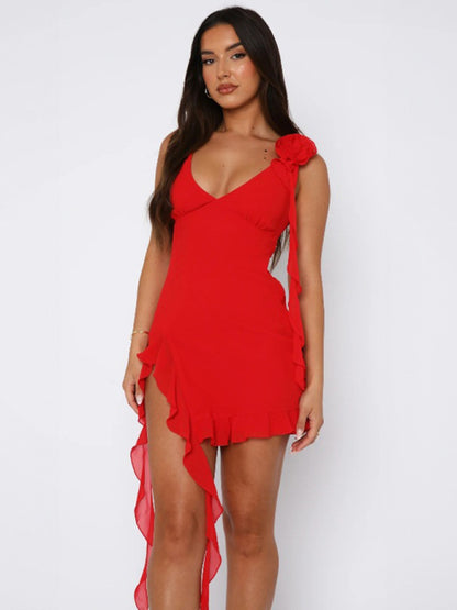 Mini Dresses - Rosette One-Shoulder Dress with Side Slit