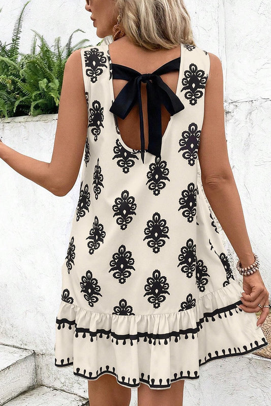 Mini Dresses - Casual Summer Dress with Geometric Print and Bow