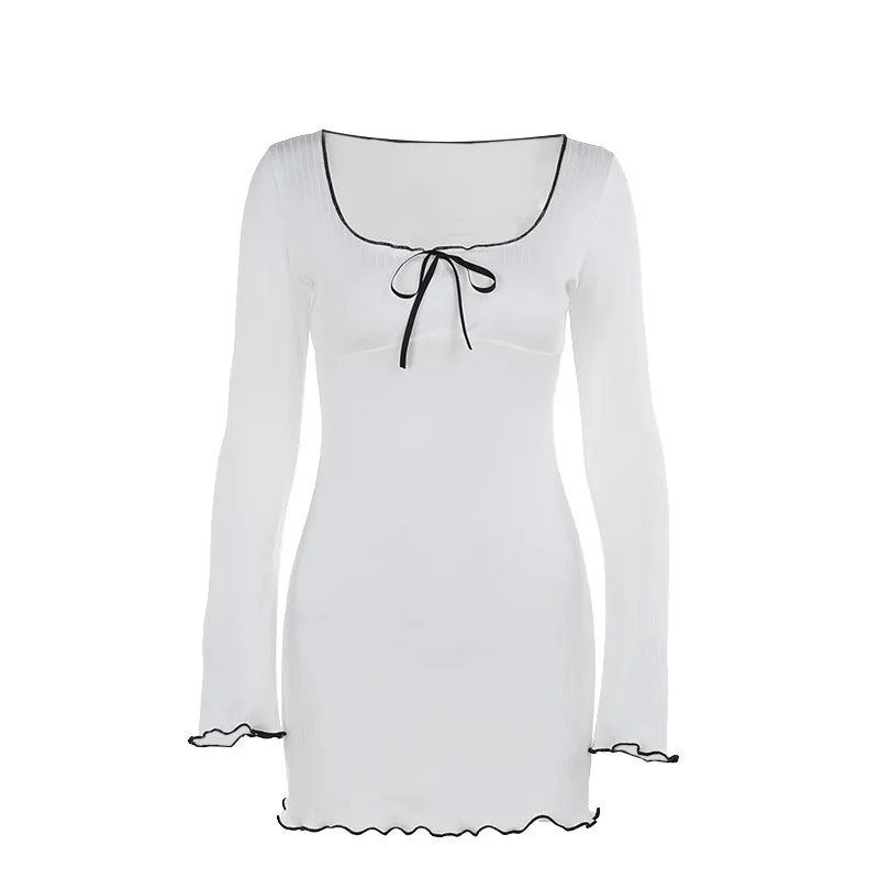 Mini Dresses - Slim Fit Square Neck Ribbed Dress - Casual to Elegant