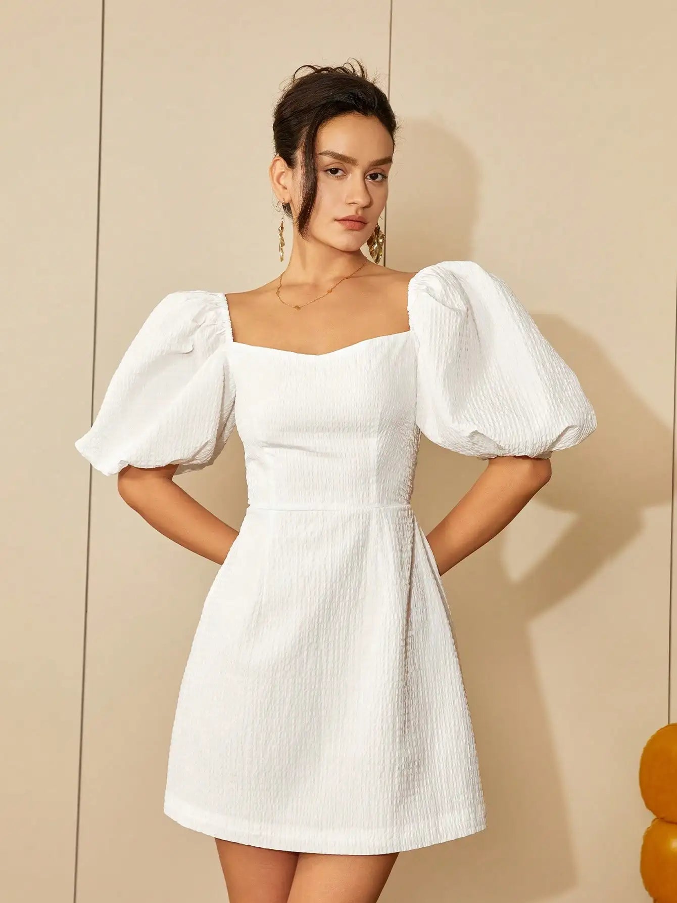 Mini Dresses - Smocked Back White Puff Sleeve Dress