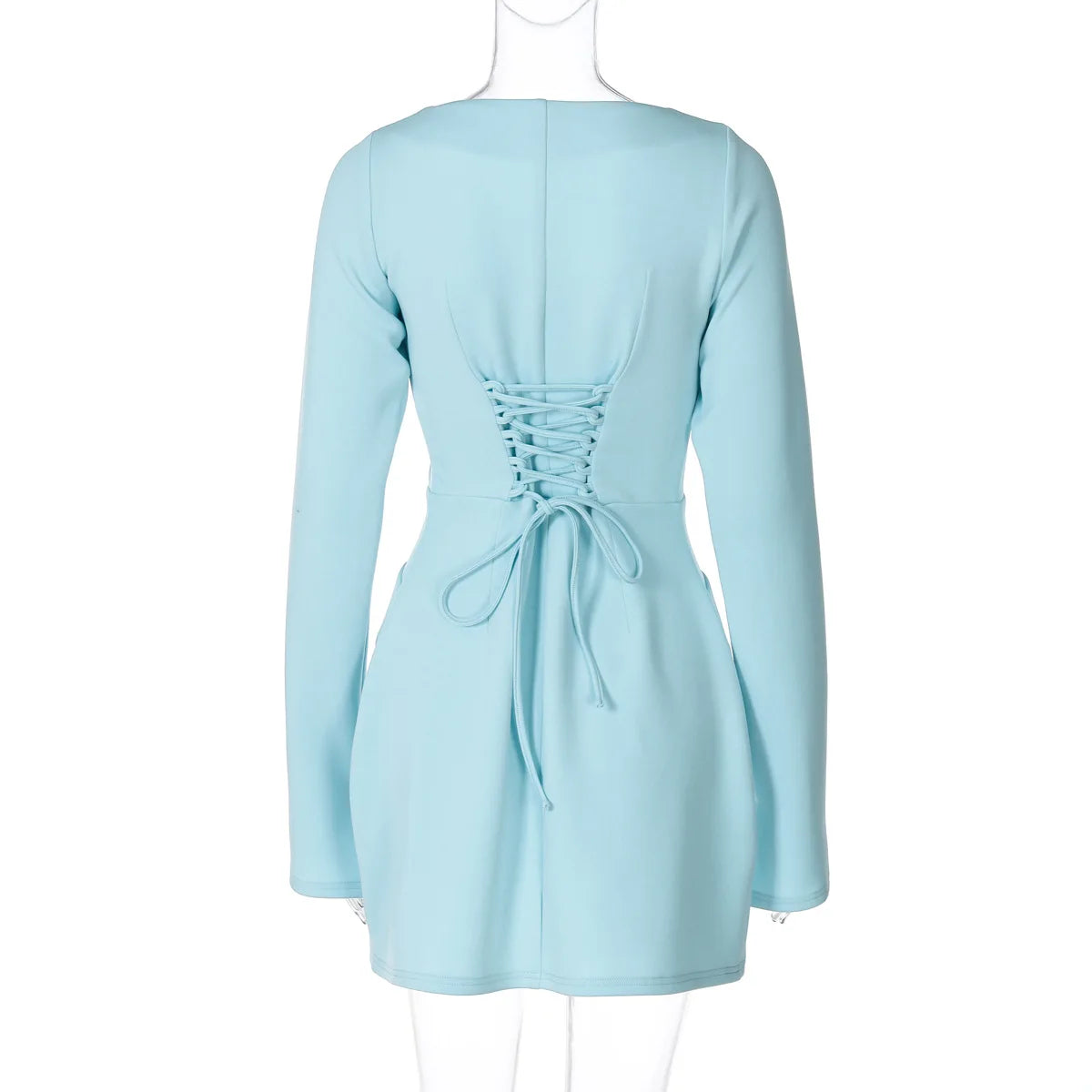 Mini Dresses - Solid Long Sleeve Mini Dress with Lace-Up Back