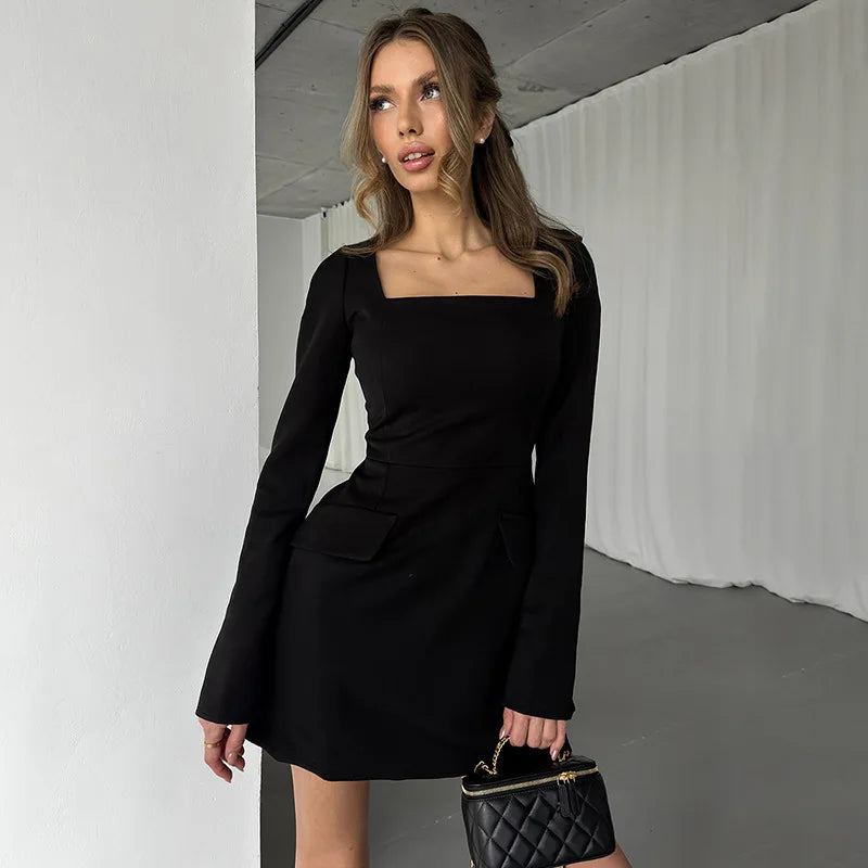 Mini Dresses - Solid Long Sleeve Mini Dress with Lace-Up Back