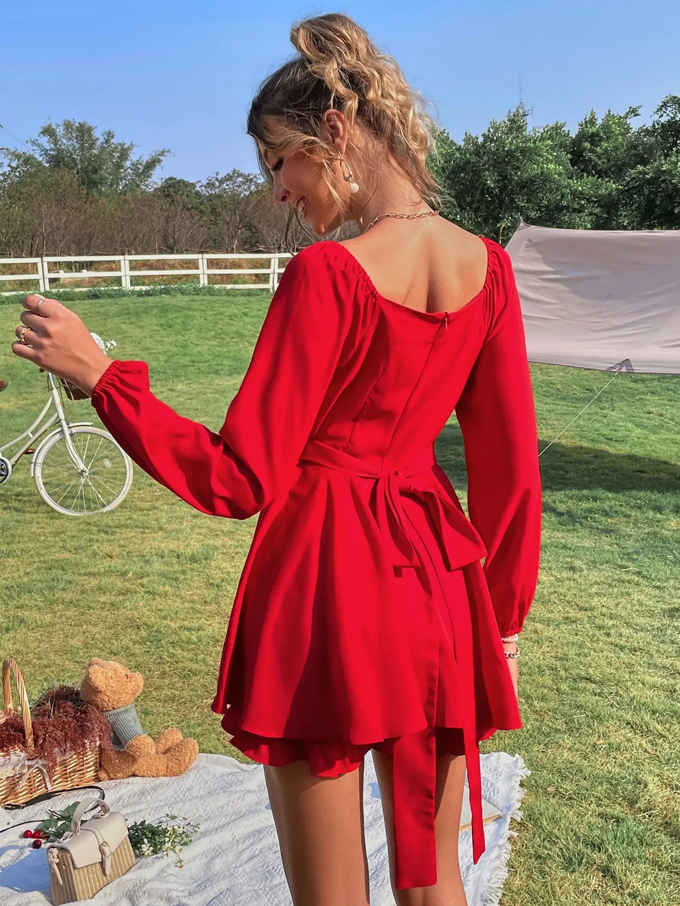 Mini Dresses- Solid Red Flare Square Neck Dress with Lantern Sleeves- - Chuzko Women Clothing