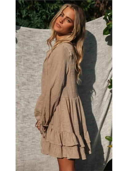 Mini Dresses - Solid Smock V-neck Mini Boho Dress For Casual Outings