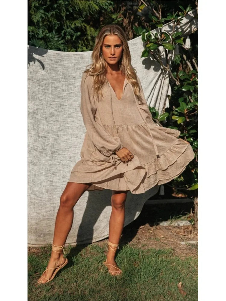 Mini Dresses - Solid Smock V-neck Mini Boho Dress For Casual Outings