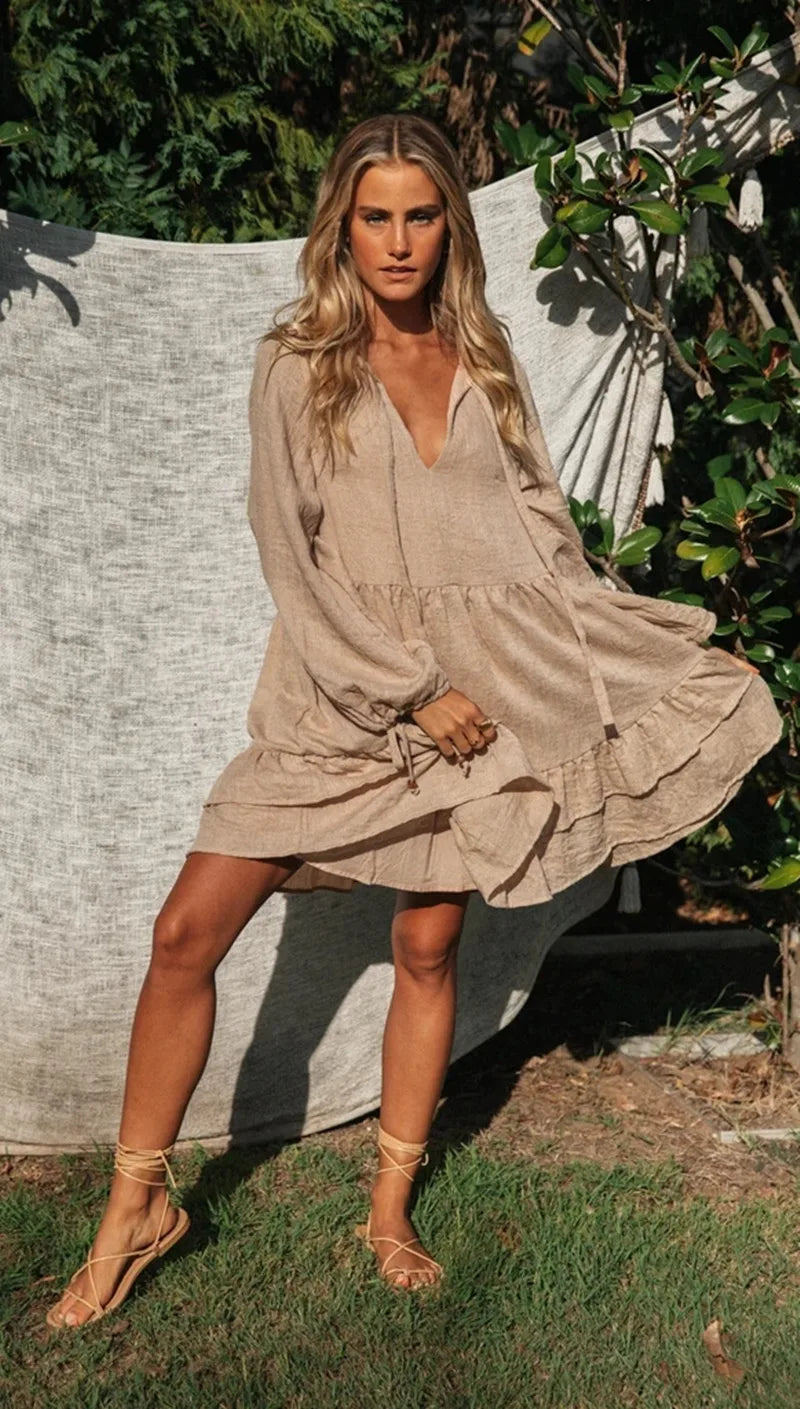 Mini Dresses - Solid Smock V-neck Mini Boho Dress For Casual Outings