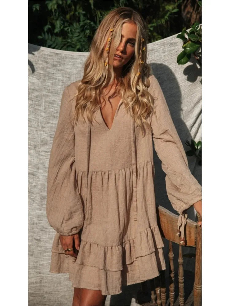 Mini Dresses - Solid Smock V-neck Mini Boho Dress For Casual Outings