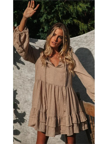 Mini Dresses - Solid Smock V-neck Mini Boho Dress For Casual Outings