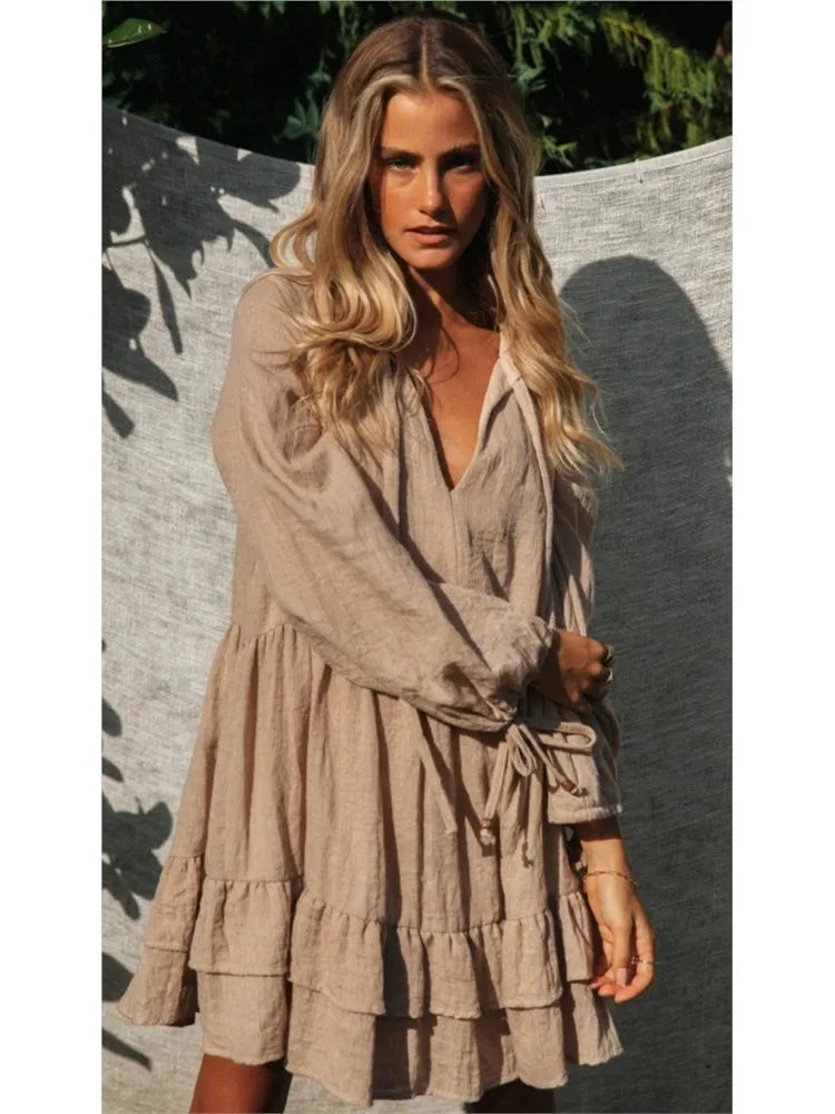 Mini Dresses - Solid Smock V-neck Mini Boho Dress For Casual Outings