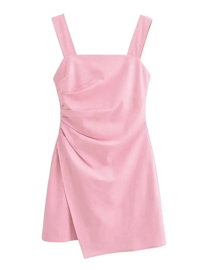 Mini Dresses- Cocktail Solid Square Neck Mini Dress for Summer- Pink- Pekosa Women Fashion