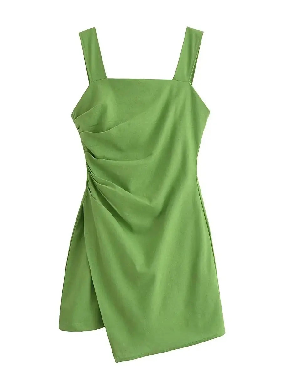 Mini Dresses- Cocktail Solid Square Neck Mini Dress for Summer- Green- Pekosa Women Fashion