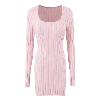 Mini Dresses- Square Neck Long Sleeve Ribbed Mini Dress – Perfect for Fall & Winter