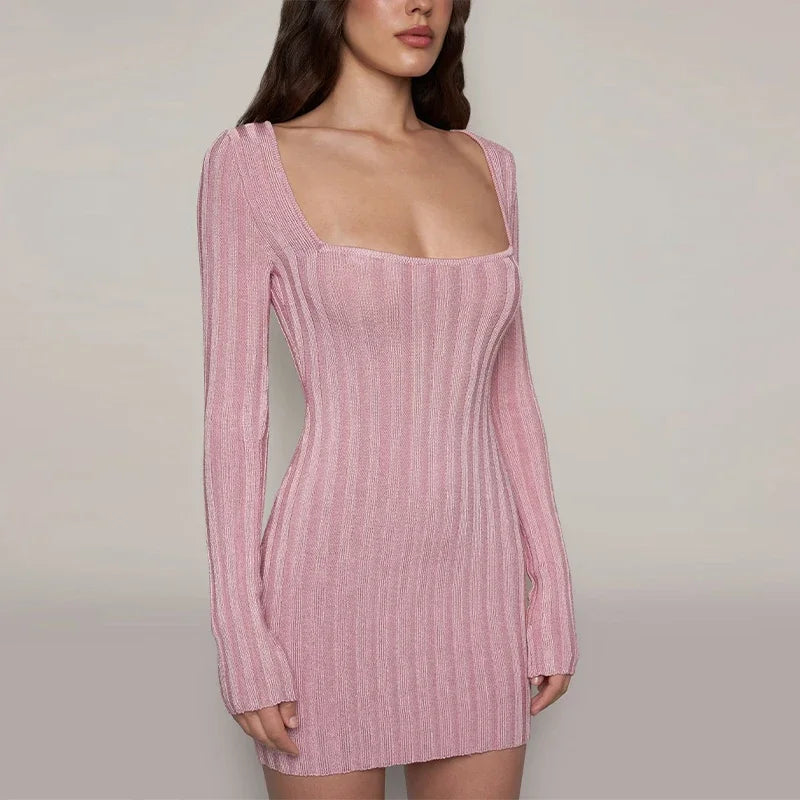 Mini Dresses- Square Neck Long Sleeve Ribbed Mini Dress – Perfect for Fall & Winter