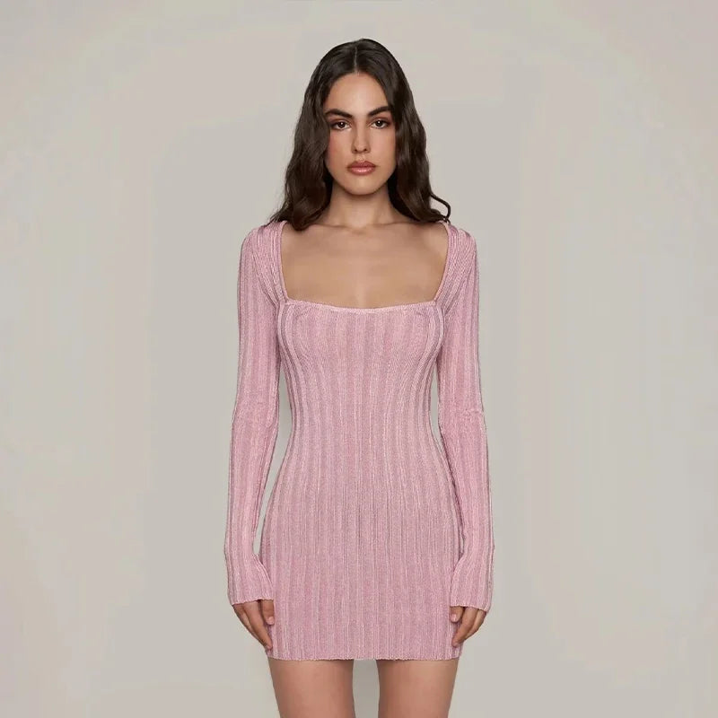 Mini Dresses- Square Neck Long Sleeve Ribbed Mini Dress – Perfect for Fall & Winter