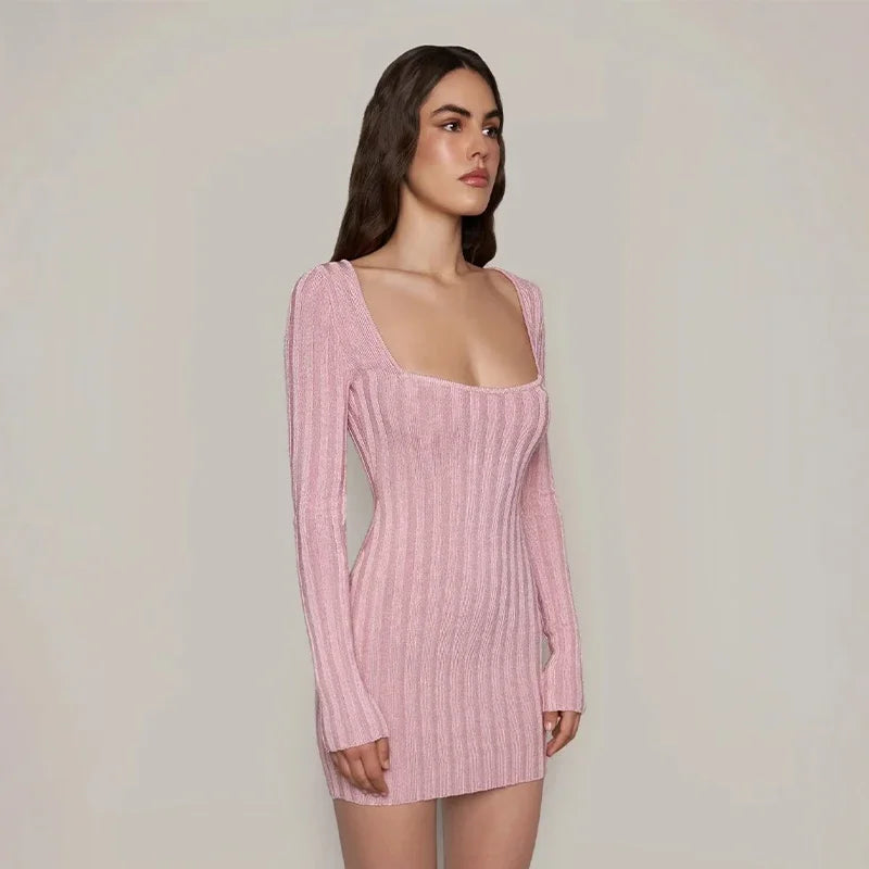 Mini Dresses- Square Neck Long Sleeve Ribbed Mini Dress – Perfect for Fall & Winter