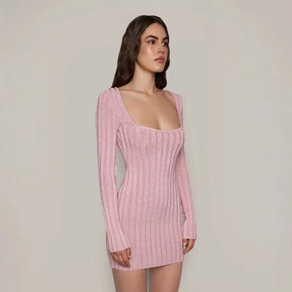 Mini Dresses- Square Neck Long Sleeve Ribbed Mini Dress – Perfect for Fall & Winter