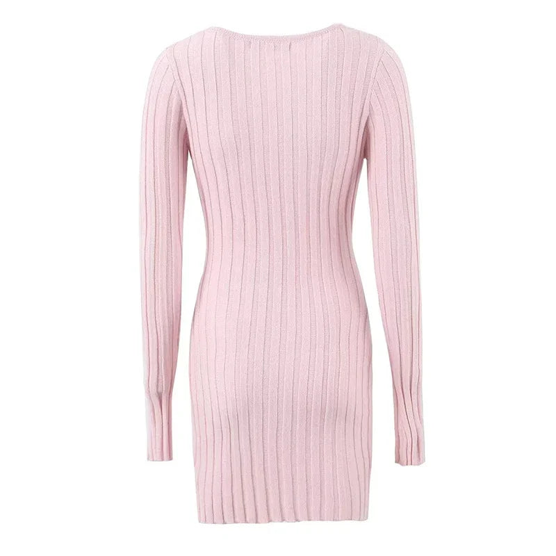 Mini Dresses- Square Neck Long Sleeve Ribbed Mini Dress – Perfect for Fall & Winter