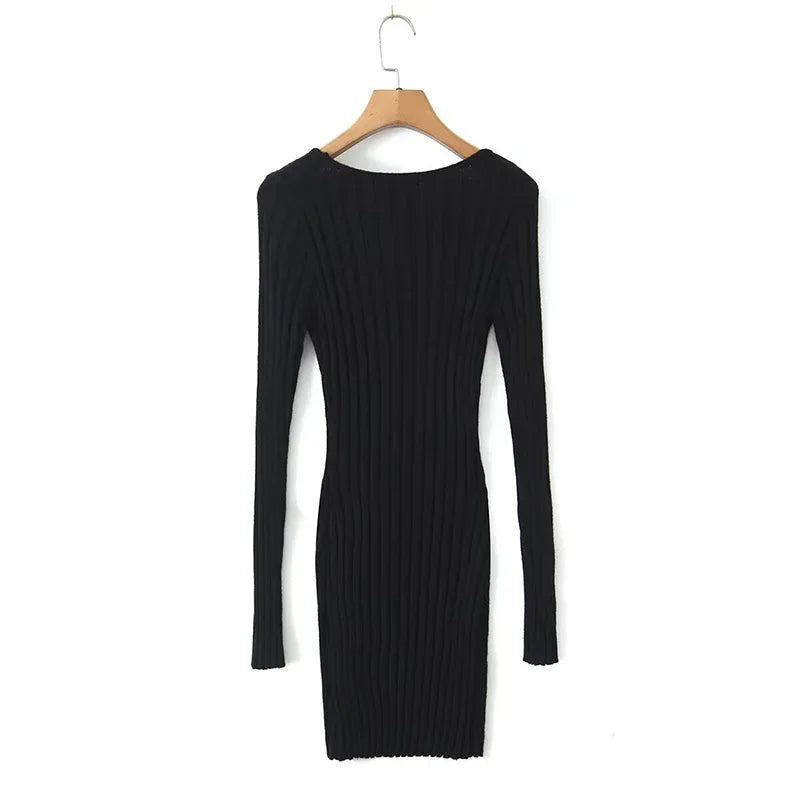 Mini Dresses- Square Neck Long Sleeve Ribbed Mini Dress – Perfect for Fall & Winter