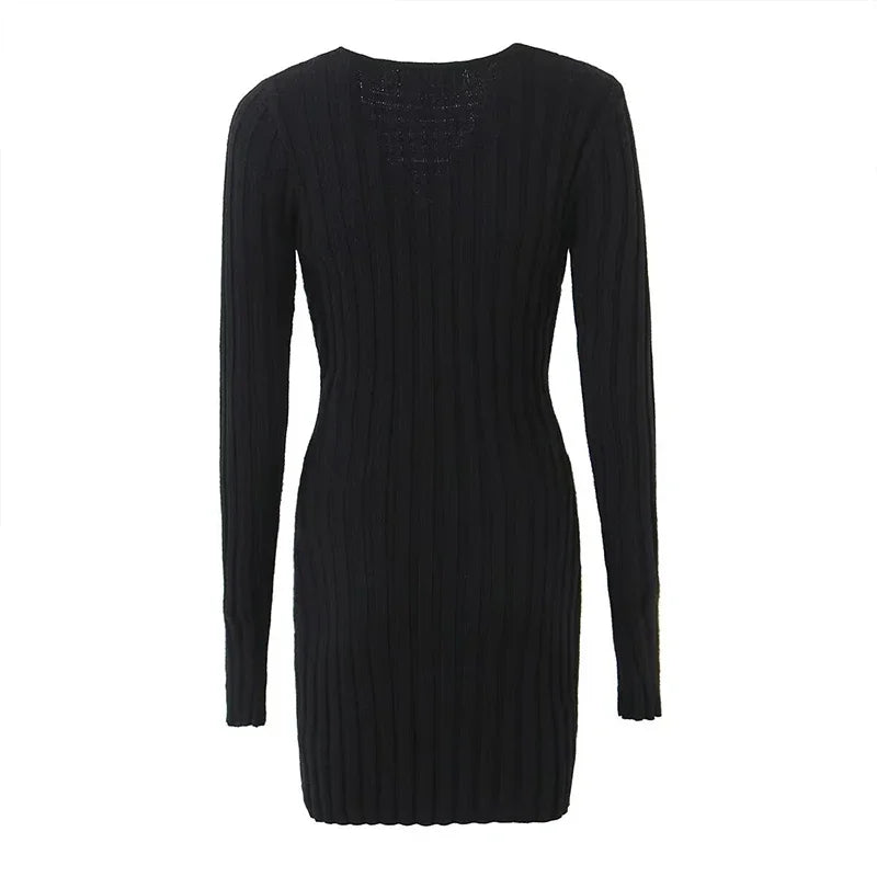 Mini Dresses- Square Neck Long Sleeve Ribbed Mini Dress – Perfect for Fall & Winter