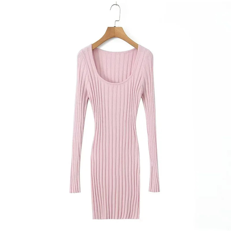 Mini Dresses- Square Neck Long Sleeve Ribbed Mini Dress – Perfect for Fall & Winter