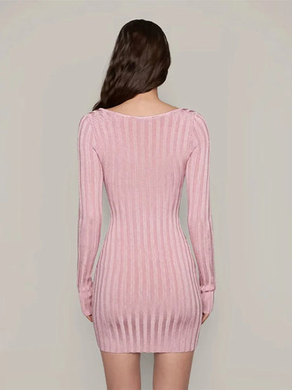 Mini Dresses- Square Neck Long Sleeve Ribbed Mini Dress – Perfect for Fall & Winter