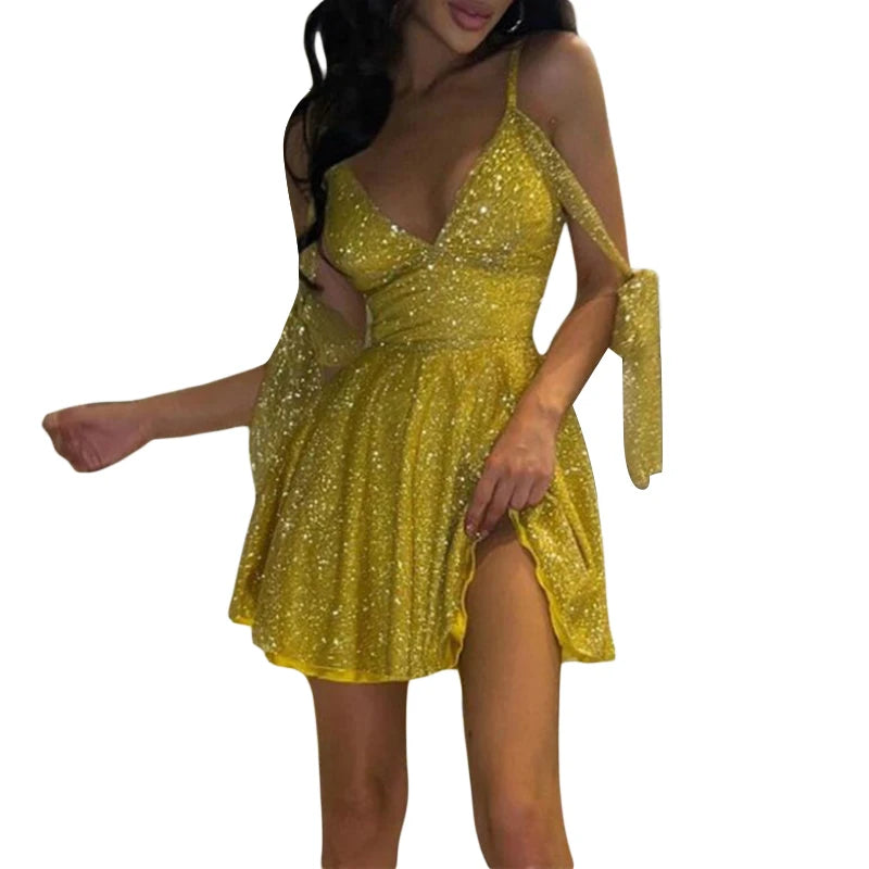 Mini Dresses - Stylish Golden Mini with Unique Shoulder Ties: Best for Hourglass Figures