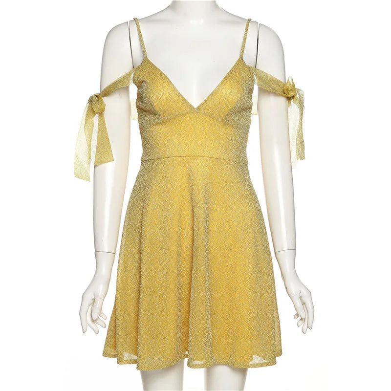 Mini Dresses - Stylish Golden Mini with Unique Shoulder Ties: Best for Hourglass Figures