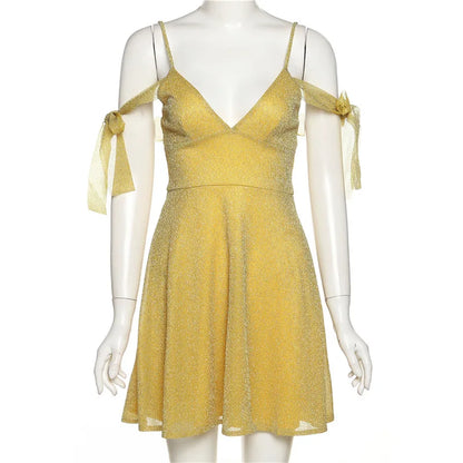 Mini Dresses - Stylish Golden Mini with Unique Shoulder Ties: Best for Hourglass Figures