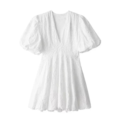 Mini Dresses- Summer Embroidered A-Line Puff Sleeves Dress- - Pekosa Women Fashion