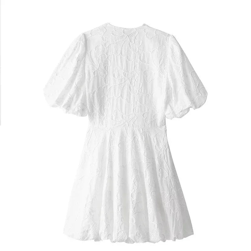 Mini Dresses- Summer Embroidered A-Line Puff Sleeves Dress- - Pekosa Women Fashion