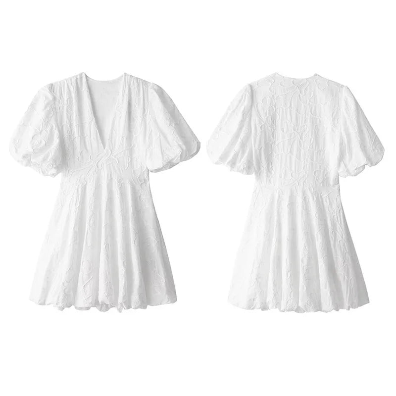 Mini Dresses- Summer Embroidered A-Line Puff Sleeves Dress- - Pekosa Women Fashion