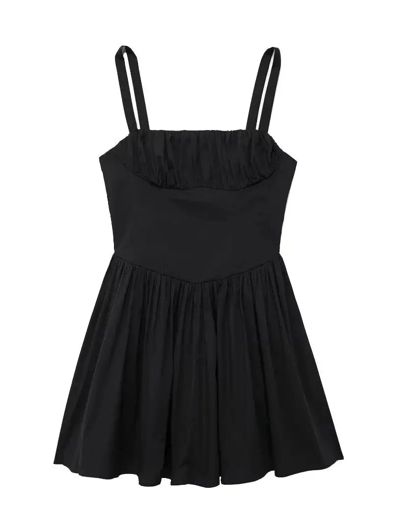 Mini Dresses- Pleated Fit & Flare Black Dress for Summer Occasions- Black- Pekosa Women Fashion