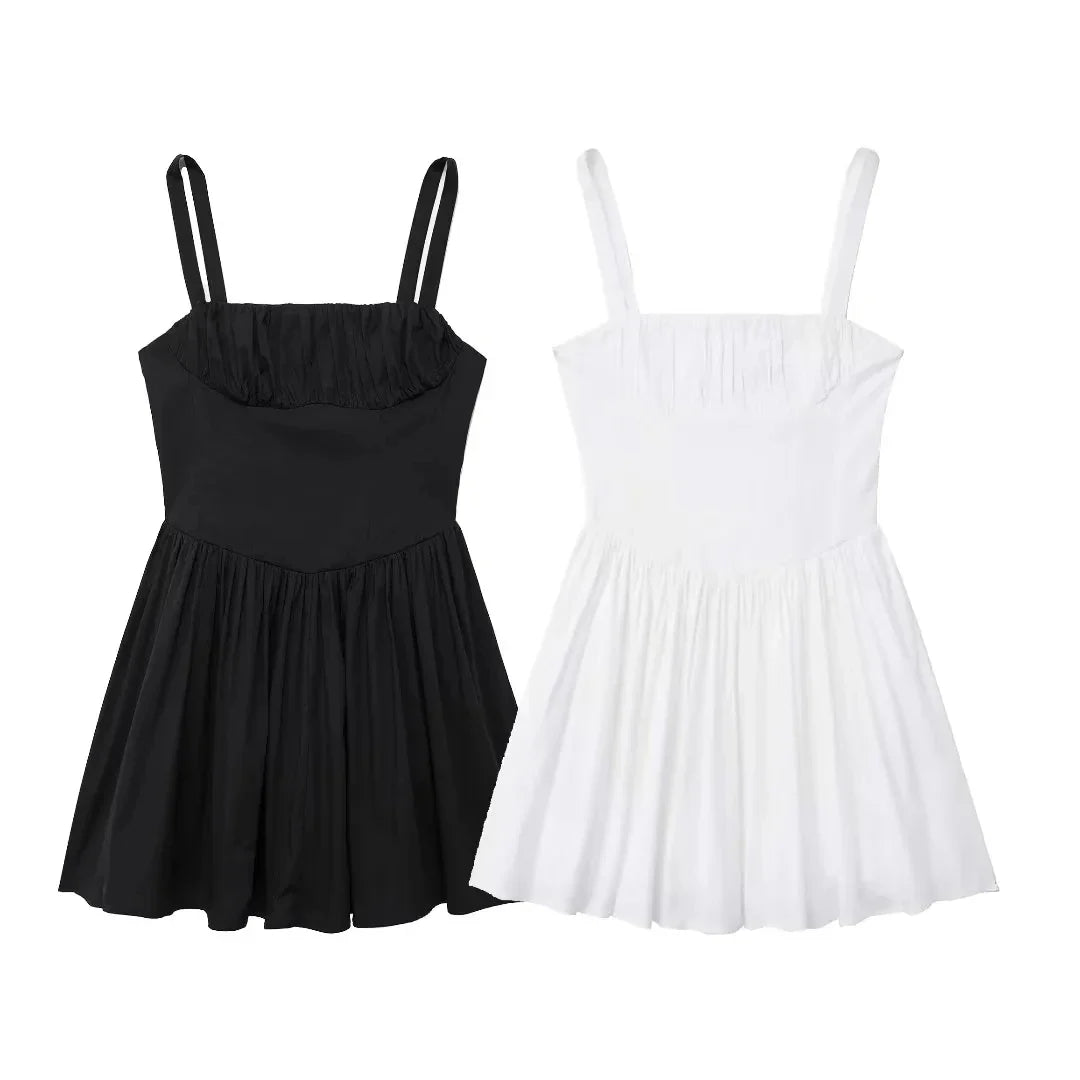 Mini Dresses- Pleated Fit & Flare Black Dress for Summer Occasions- - Pekosa Women Fashion