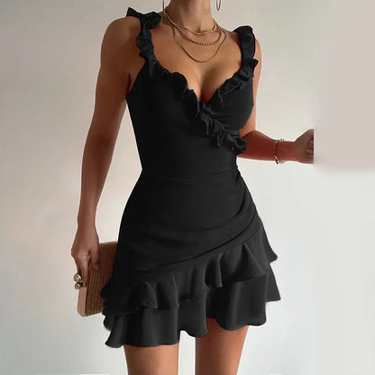 Mini Dresses- Ruffled Mini Dress Perfect for Summer Events- Black- Pekosa Women Fashion